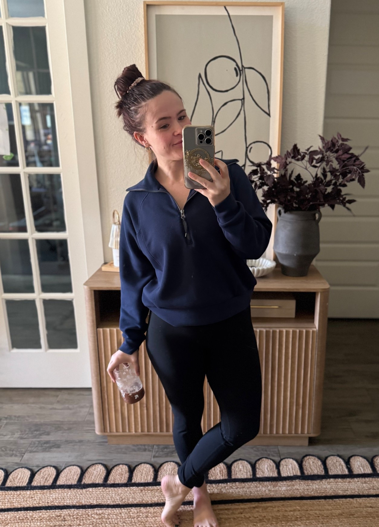 Comfy mom outfit of the day with the ultra soft Spanx AirEssentials Half Zip in Navy wearing size small. Light weight and perfect for the in between cool fall weather.