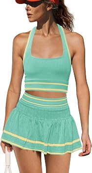 LAMISSCHE Seamless Athletic Skirt Set Square Neck Tank Pleated Skort Set | Amazon (US)