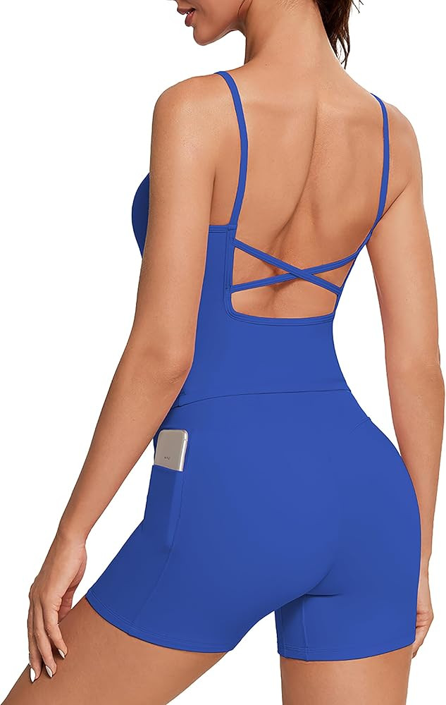 OMKAGI Workout Sets for Women Open Back Strappy Workout Tank Gym Shorts Outfits with Pockets | Amazon (US)