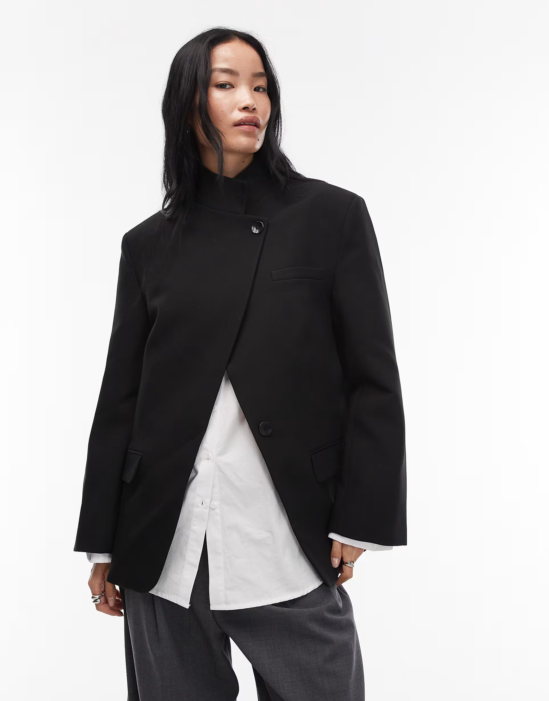 ASOS DESIGN funnel neck wrap blazer in black | ASOS (Global)