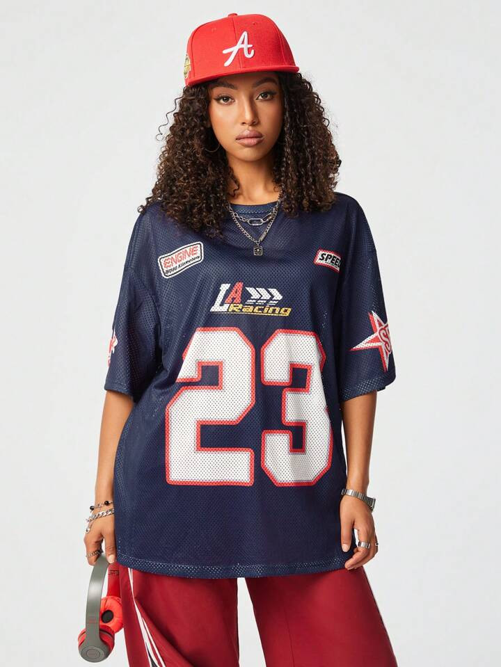 SHEIN Coolane Women's Summer Streetwear Sports Number Graphics Athletic Dark Blue Over Size Jerse... | SHEIN