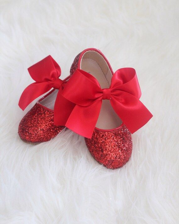 RED Rock Glitter Maryjane Flats with RED SATIN Bow - For Flower girl, Party shoes, Princess shoes... | Etsy (US)