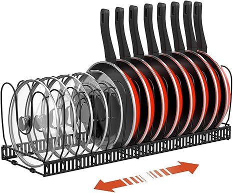Pot and Pan Organizer Rack for Cabinet, Expandable Pot Lid Organizer Holder with 14 Adjustable Di... | Amazon (US)