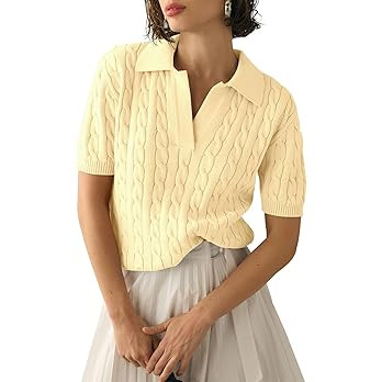 Imily Bela Women's Cable Short Sleeve Sweaters Tops Solid Lapel V Neck Knit Casual Soft Pullover ... | Amazon (US)