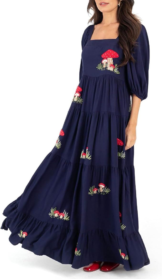 Women Embroidered Maxi Dress Puff Sleeve Square Neck Bohemian Flowy Smocked Dress Summer Fall Boh... | Amazon (US)