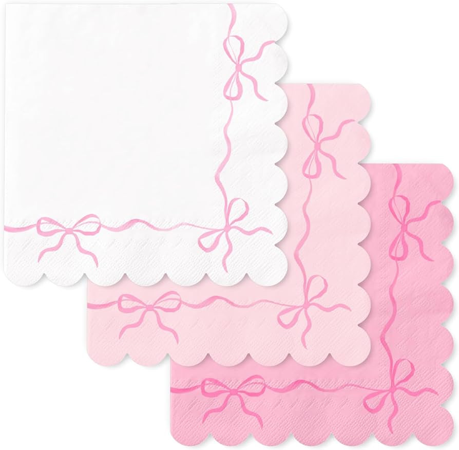150Pcs Pink Bow Napkins Watercolor Bow Disposable Napkins with Scalloped Edge White Pink Paper Lu... | Amazon (US)