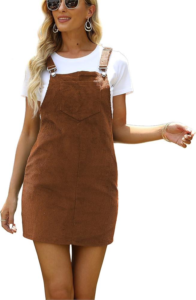 Yeokou Womens Casual Corduroy Bib Knee Length Overalls Pinafore Midi Dress Jumpsuit | Amazon (US)