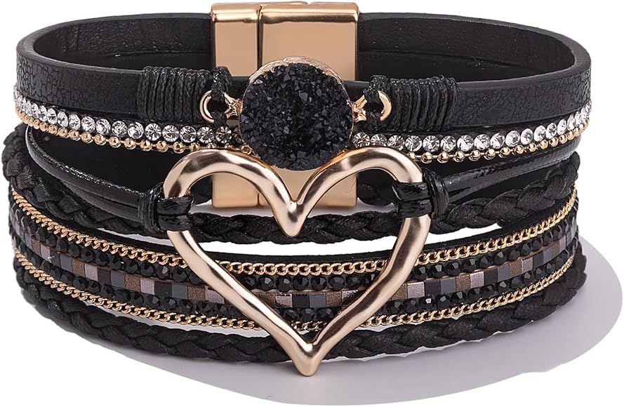 FANCY SHINY Heart Leather Wrap Bracelets Stackable Boho Cuff Bangles Trendy Resin Stone Rhineston... | Amazon (US)