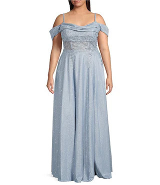 Plus Size Off The Shoulder Drape Neck Applique Illusion Waist Side Slit Ballgown | Dillard's