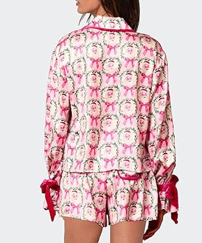 Luckinbaby Women Christmas Silk Pajamas Xmas 2 Piece Bow Tie Loungewear Long Sleeve Button Down B... | Amazon (US)