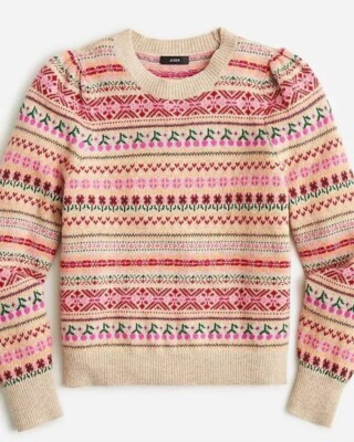 J.Crew Puff Sleeve Fair Isle crewneck Sweater Cherries Sixe XL NWT Beige Pink  | eBay | eBay US