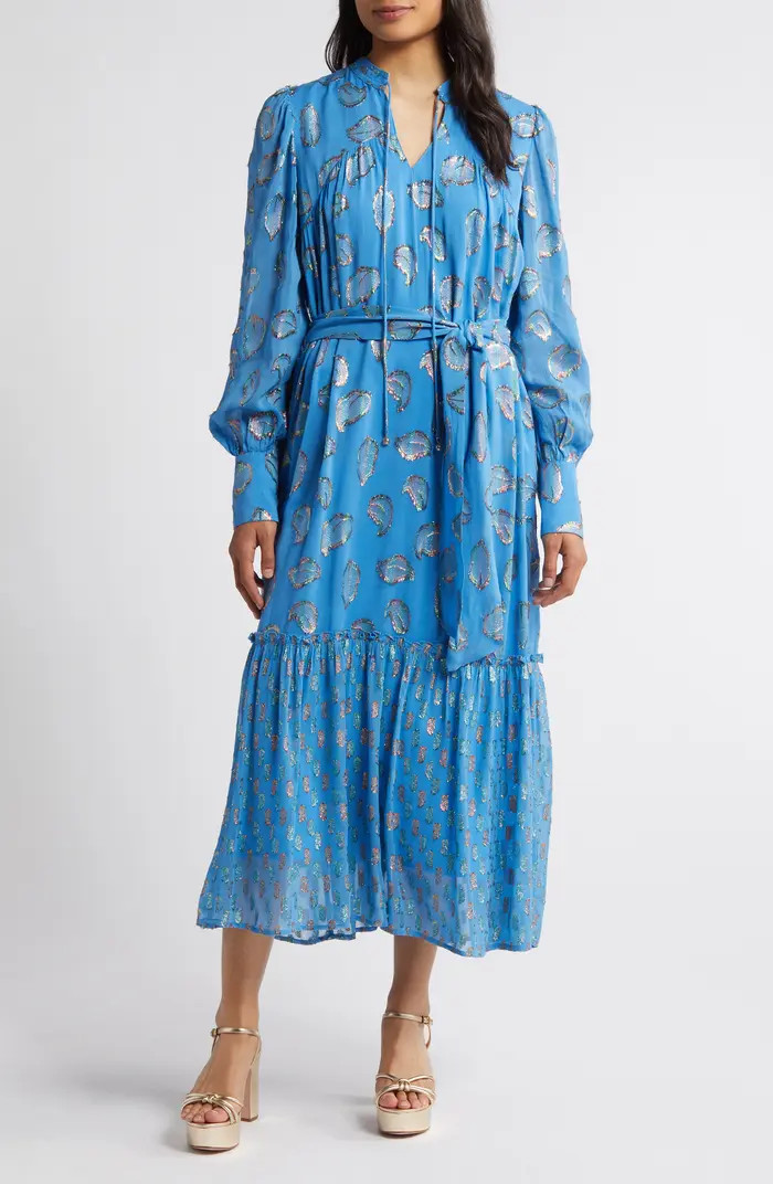 CIEBON Eriana Metallic Long Sleeve Belted Maxi Dress | Nordstrom | Nordstrom