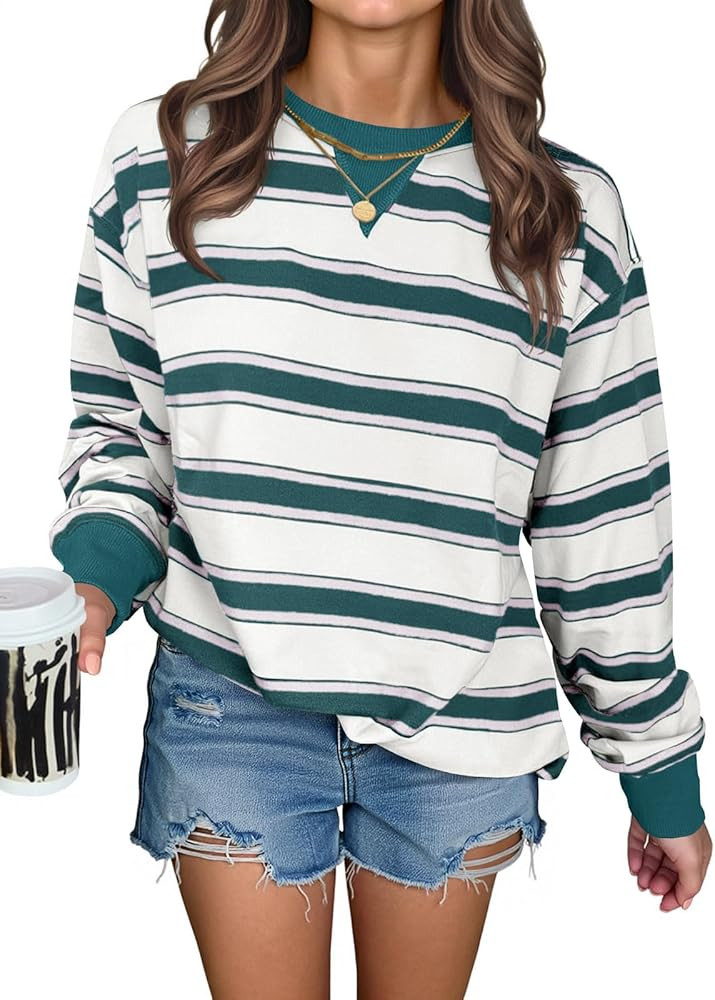 Fisoew Womens Striped Oversized Sweatshirt Casual Crewneck Long Sleeve Shirts Fall Loose Pullover Tops | Amazon (US)