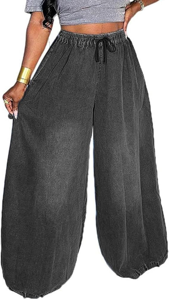 Tbahhir Women's Baggy Jeans Barrel Cropped Elastic Waist Denim Pants Loose Trousers with Pockets | Amazon (US)