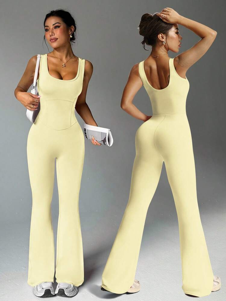 Sovereign Charm Women's Sleeveless Jumpsuit With Flared Legs, High Waist U-Neck U-Back Design, Suitable For Casual, Gym, Yoga, Running In Spring/Summer | SHEIN