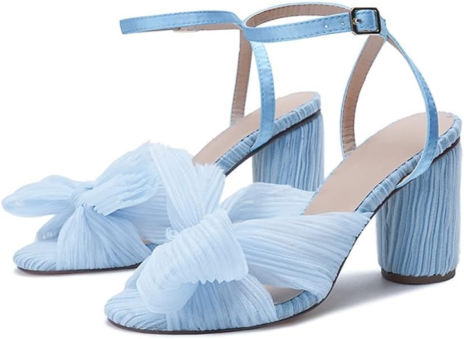 YIYA Women's Open Toe Ankle Strap Heeled Sandals Bowknot Chunky Heels Dress Party Bridal Wedding ... | Amazon (US)