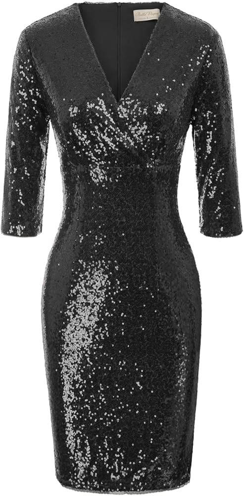 Belle Poque Vintage 50s Sequin Pencil Dress V Neck Glitter, New Years Eve Dress, Sequin Outfit | Amazon (US)