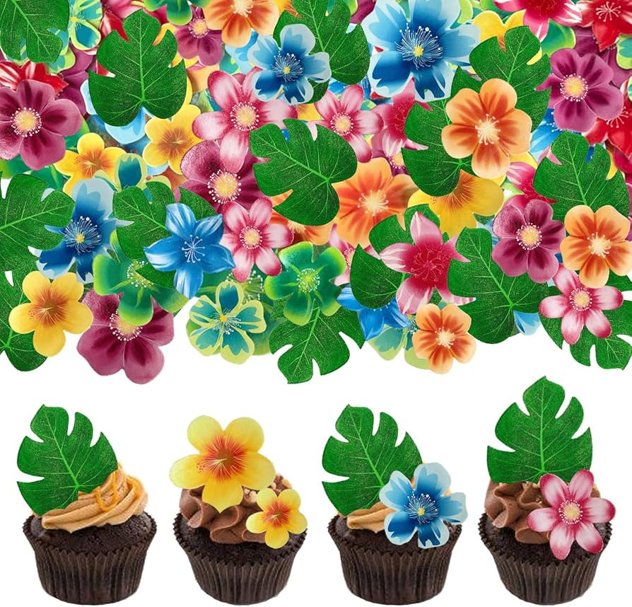 GDRPGY 88pcs Tropical turtle back cupcake decoration, edible wafer paper green leaves colorful fl... | Amazon (US)