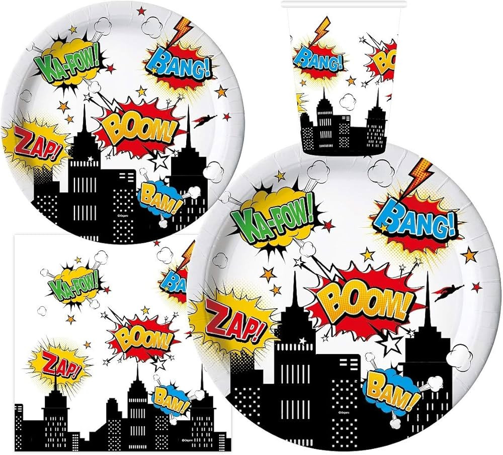 Serves 30 Complete Party Pack Superhero 9" Dinner Paper Plates 7" Dessert Paper Plates 9 oz Cups ... | Amazon (US)