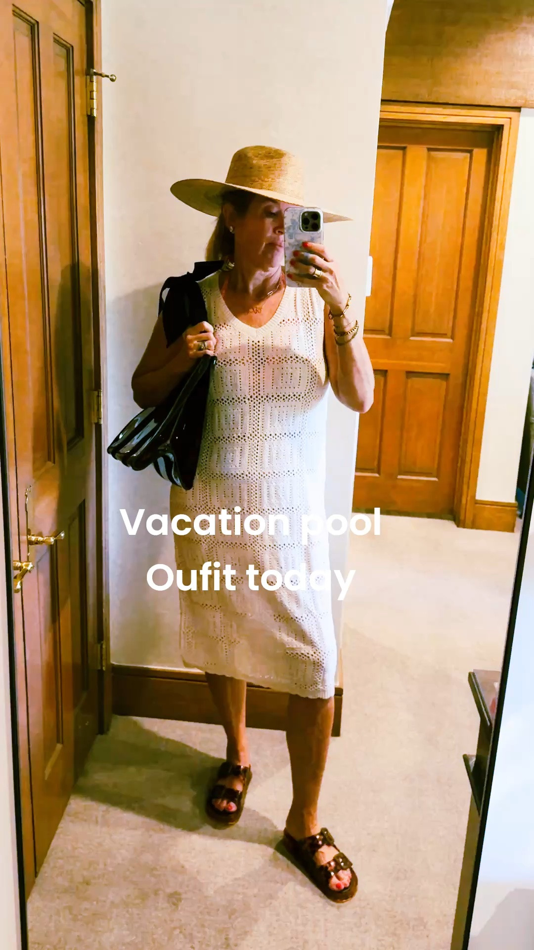 Vacation outfit of the day.. Pool style 

Crochet cover up 
Fits tts and so comfy

Tortoiseshell jelly bag with large bow and comes with a pouch 

Tortoiseshell jelly two buckle slide sandals that are comfy 

Lack of color straw hat, my most worn hat, covers your face 

Stud manufactured diamond earrings

#LTKgrwm #LTKOver40 #LTKTravel