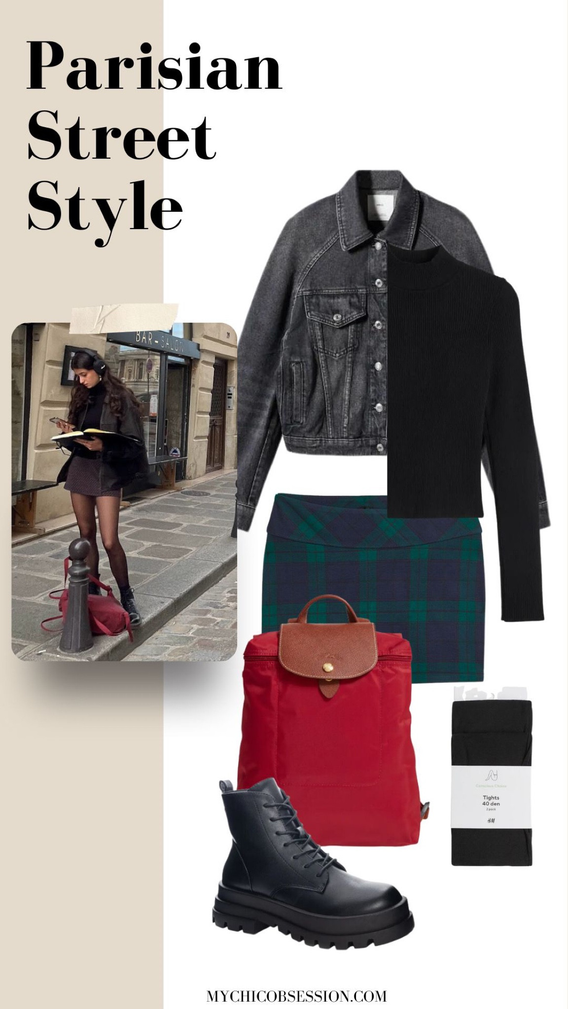 Plaid is another fall staple pattern to incorporate into your street style looks. Try this look from Paris with a plaid mini skirt, a dark denim jacket, a black turtleneck, red backpack, black boots and sheer tights.

#LTKSeasonal #LTKstyletip