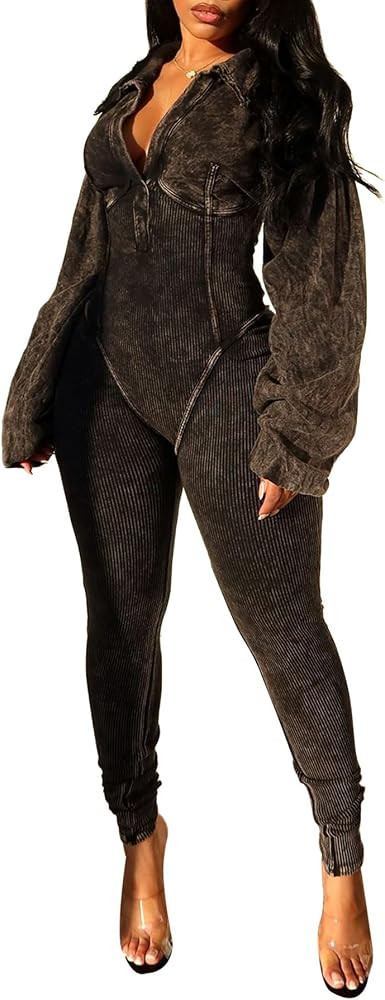 Voghtic Women's Sexy v Neck Bodycon Jumpsuit Distressed Long Sleeve Full Length Leggings Stretch ... | Amazon (US)
