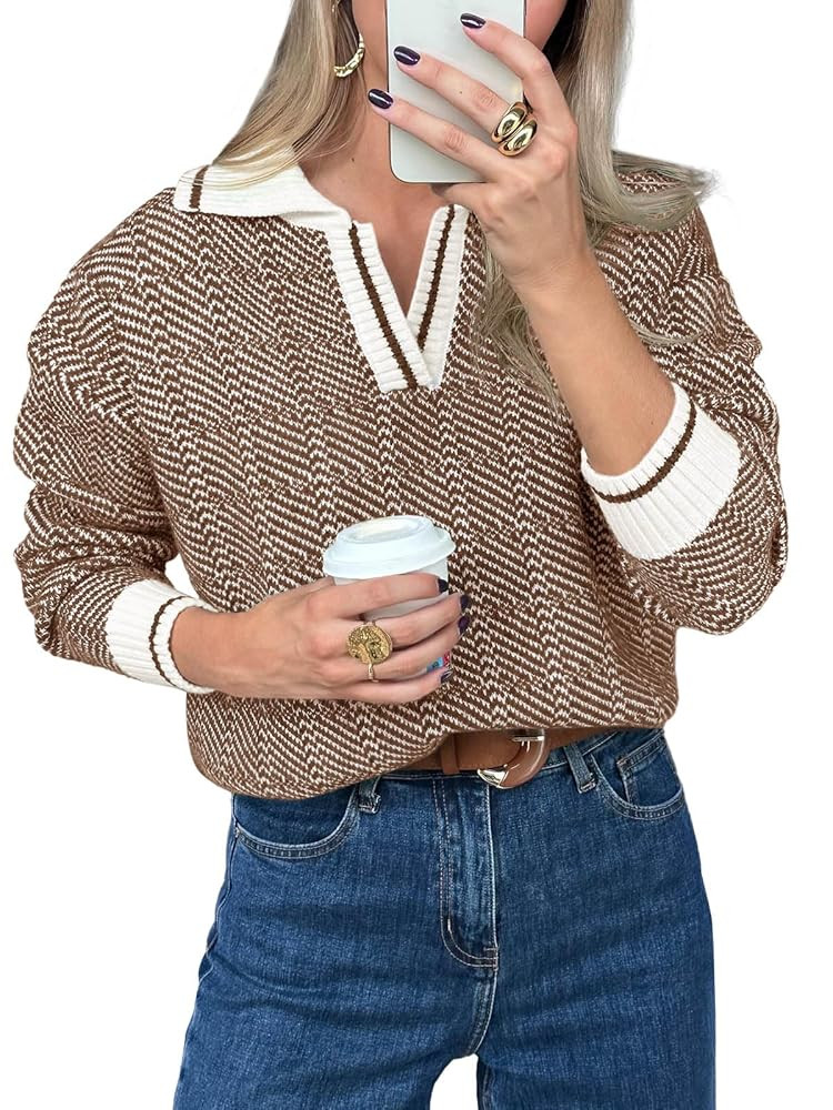 Saodimallsu Womens Fall Sweaters Tops Lapel V Neck Knit Sweater Color Block Long Sleeve Casual So... | Amazon (US)