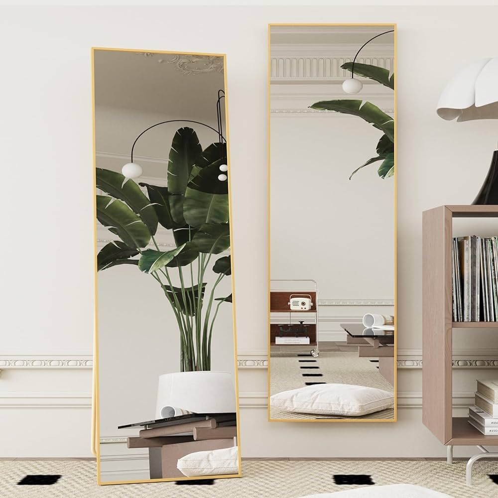 Beauty4U 59" x 16" Tall Full Length Mirror with Stand, Gold Wall Mounting Full Body Mirror, Metal... | Amazon (US)