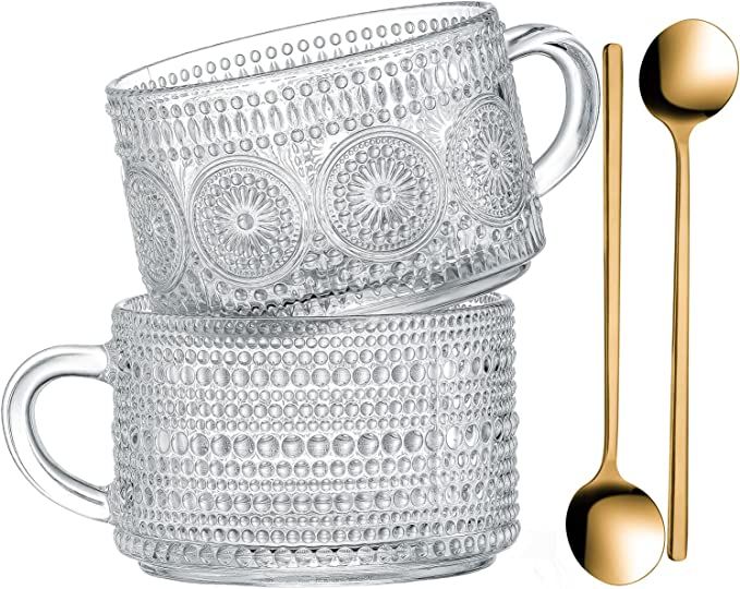 Amazon.com: Gezzeny Vintage Coffee Mugs, Glass Coffee Mugs 14 Oz Set of 2 Clear Embossed Glass Cu... | Amazon (US)