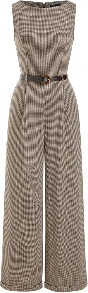CIDER Womens Houndstooth Boat Neck Wide Leg Jumpsuit with Belt | Amazon (US)