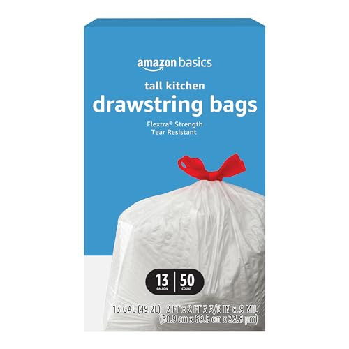 Amazon Basics Flextra Tall Kitchen Drawstring Trash Bags, 13 Gallon, 50 Count, Tear-Resistant, Unscented | Amazon (US)