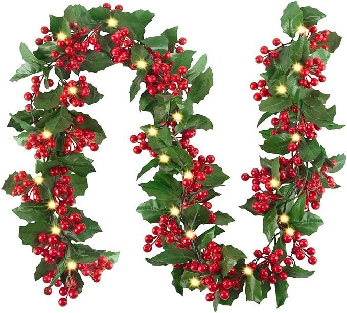5.9 Ft Pre-lit Christmas Garland with Lights Red Berry & Green Leaves Lighted Christmas Garland D... | Amazon (US)
