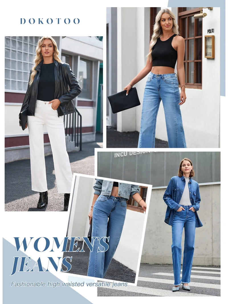 DOKOTOO Women's Wide Leg Jeans High Waisted Loose Fit Strechy Comfort Raw Hem Frayed Denim Pants | Walmart (US)