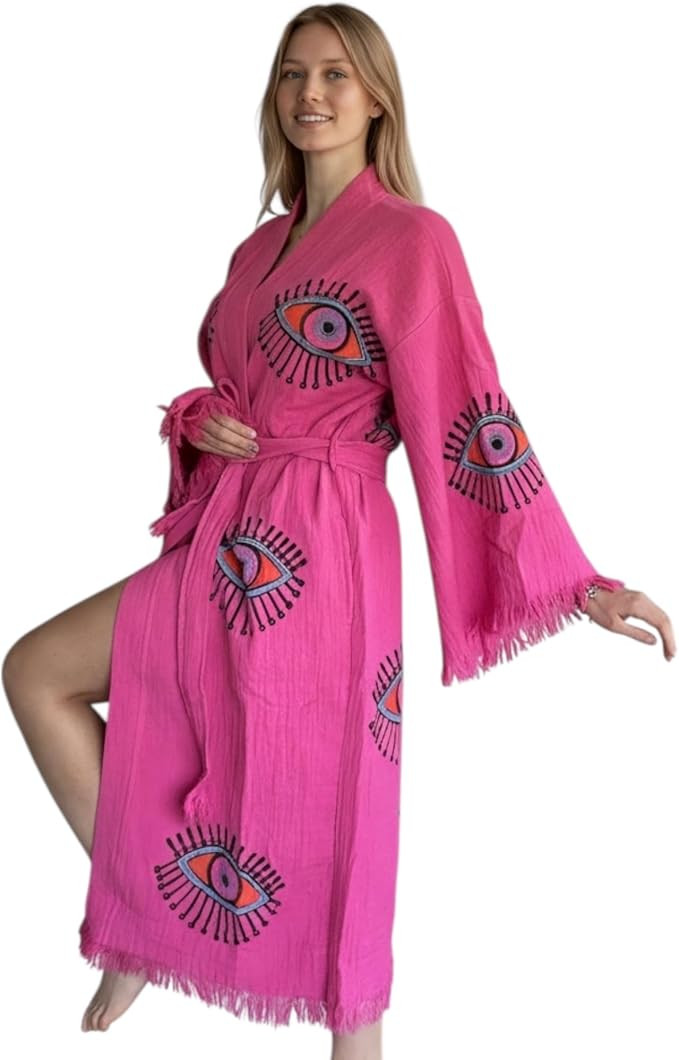 Pinus Evil Eye Kimono Robe with Pockets Hand Painted, 100% Cotton, Robe, Loungewear, housecoat On... | Amazon (US)