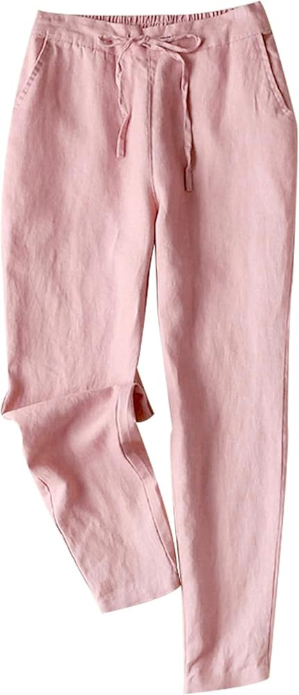 Tanming Linen Pants for Women Summer Casual High Waisted Drawstring White Beach Pant | Amazon (US)