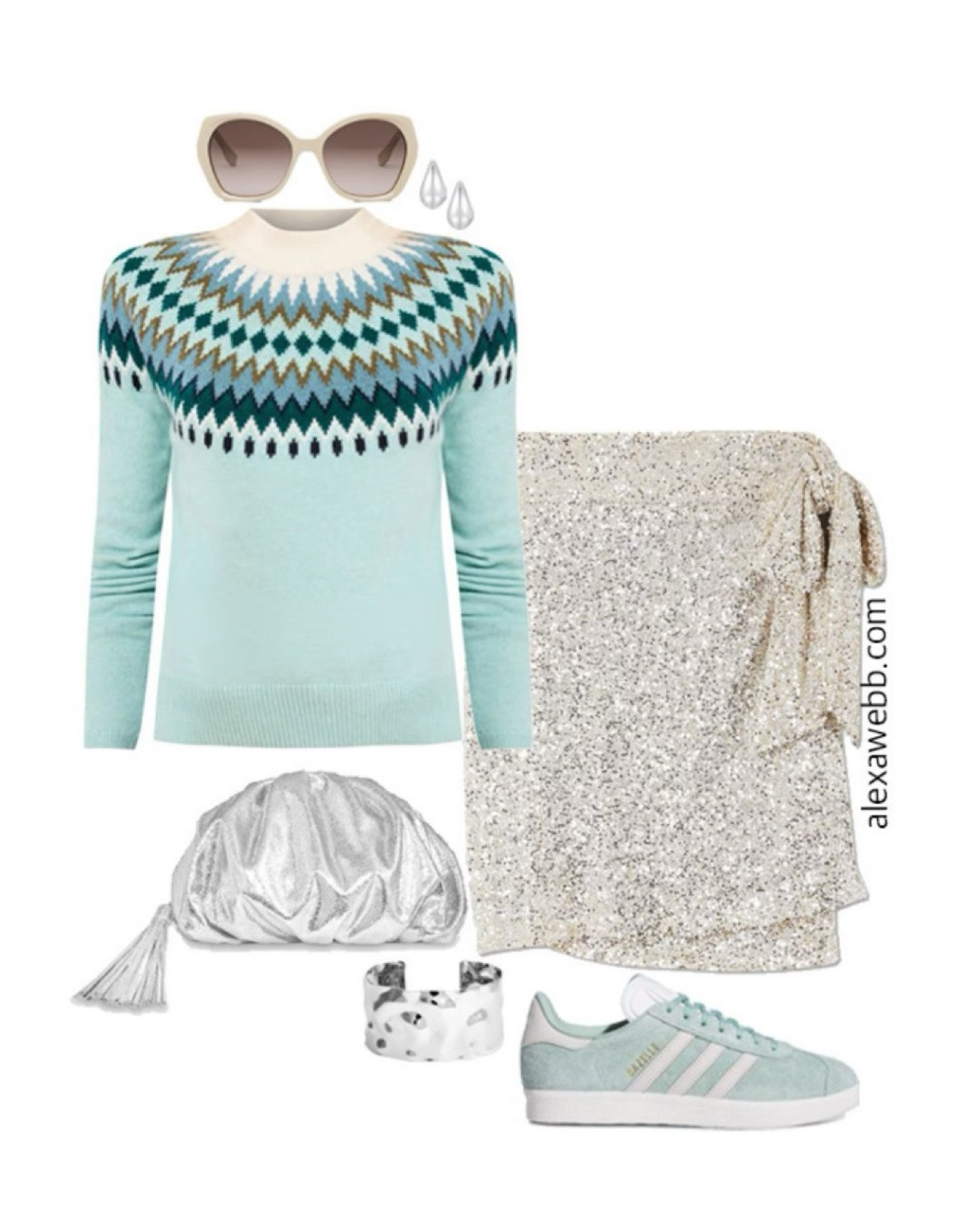 Plus Size Teal Fair Isle Sweater Outfits - The perfect look for a holiday party or just a casual outing! A plus size Fair Isle sweater is paired with a silver sequin skirt, aqua adidas Gazelle sneakers, and a silver clutch bag. Alexa Webb #plussize

#LTKStyleTip #LTKPlusSize #LTKSeasonal