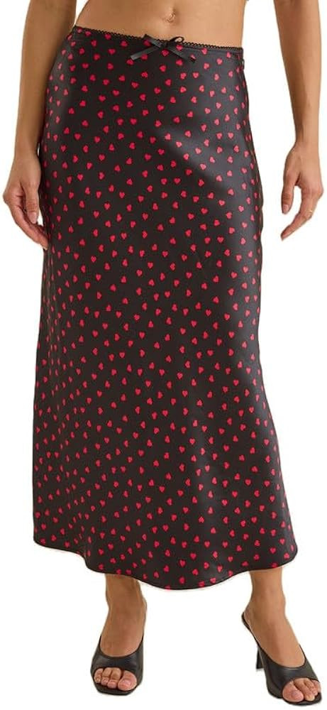 Women Silk Satin Heart Print Maxi Skirts Valentine's Day Half Slip Long Skirt Silky Vintage Elega... | Amazon (US)
