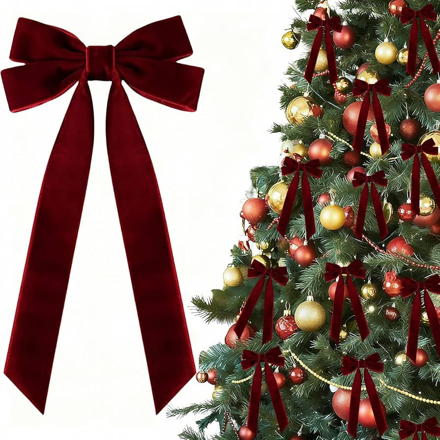 Christmas Tree Decorations 12Pcs Wine Red Velvet Ribbon Bows, 5in * 8.7in Xmas Ornaments for Tree... | Amazon (US)