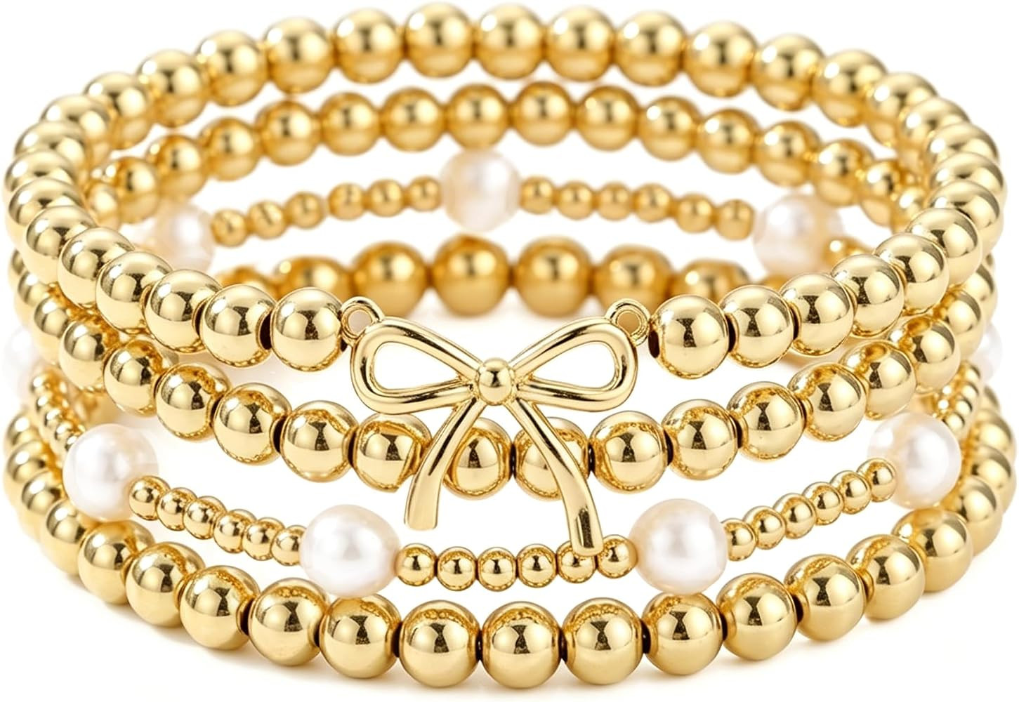 Gold Beaded Bow Heart Paperclip Pearl Stack Bracelet Set for Women, 4Pcs Handmade Golden Beads Pe... | Amazon (US)
