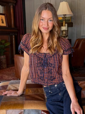 Cosi Embroidered Cotton Top - Rust Gingham | Natural Life