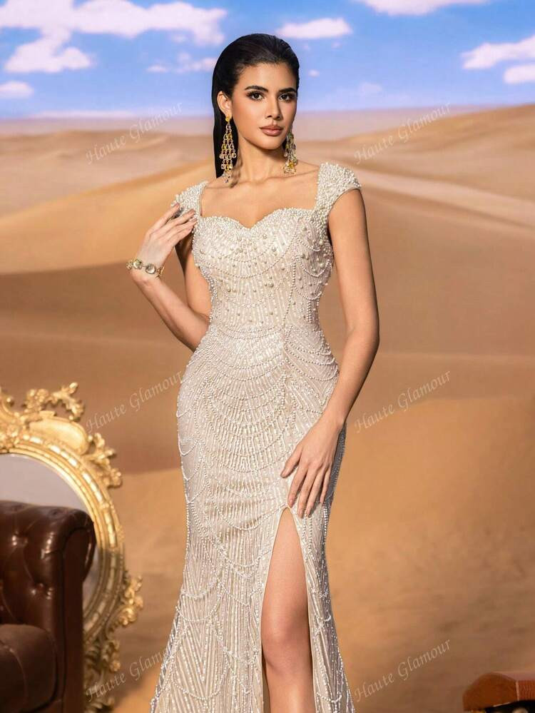 Faeriesty Haute Glamour ELegant Sequined Mermaid Evening Gown With Heart-Shaped Neckline, Cap Sle... | SHEIN