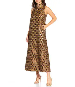 Buru Maxi Mod Metallic Printed Brocade Mock Neck Sleeveless Shift Coordinating Maxi Dress | Dilla... | Dillard's