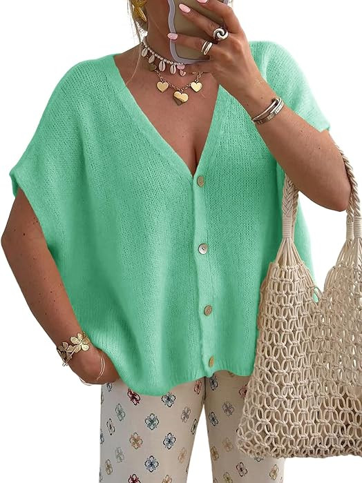Saodimallsu Womens Fall Short Sleeve Cardigans Sweater Oversized Tops | Amazon (US)