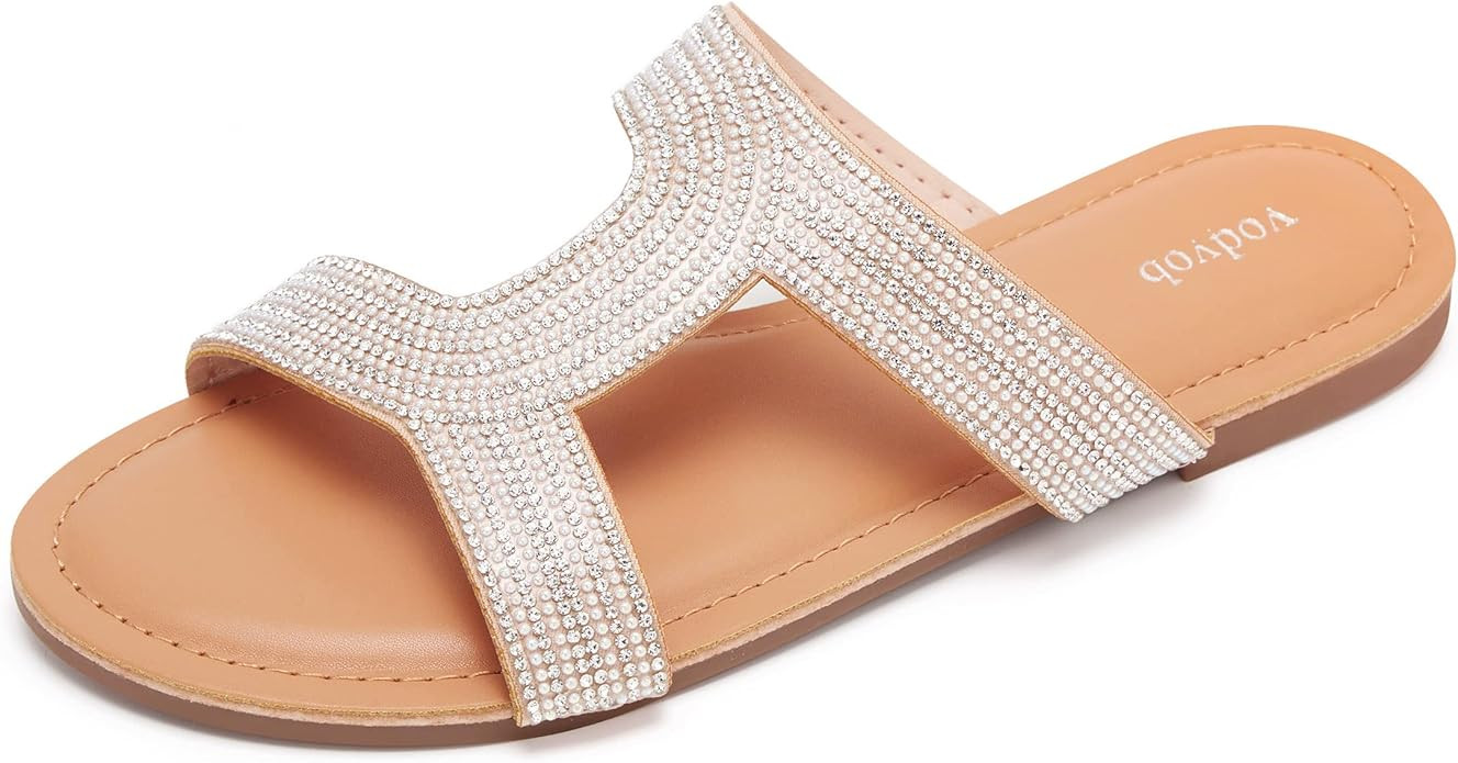 vodvob Women's Rhinestone Pearl Flat Sandals Sparkly Sandals Slide Sandals Slip On Sandals Casual... | Amazon (US)