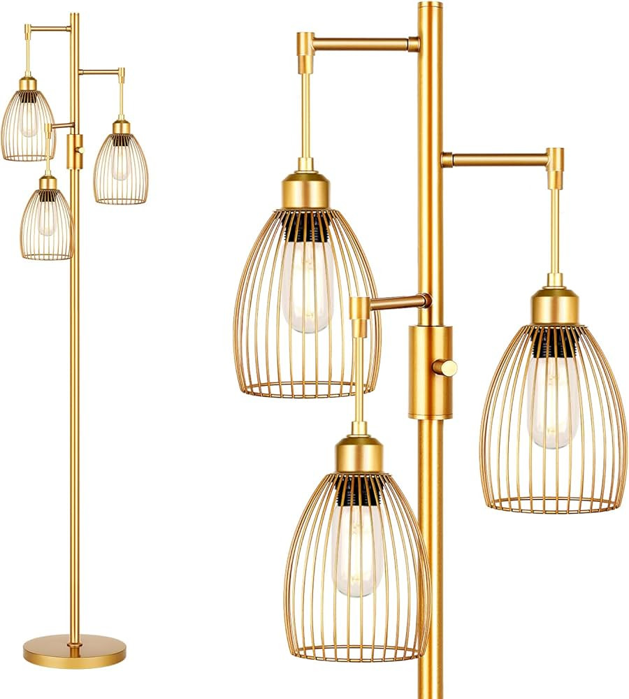 Dimmable Industrial Floor Lamps for Living Room, Gold Tree Standing Tall Lamps with 3 Elegant Tea... | Amazon (US)