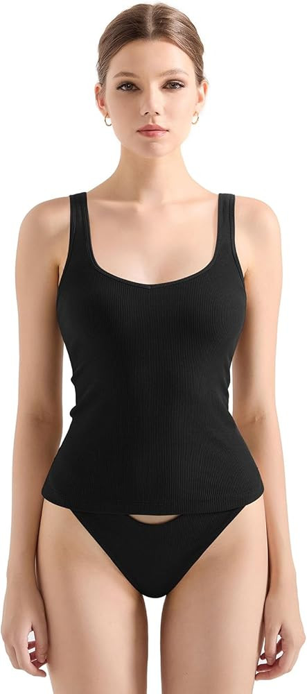 SUUKSESS Women Cotton Ribbed Built in Bra Tank Tops Summer Casual Basic Top | Amazon (US)