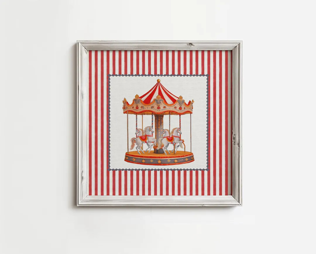 Carousel Horse Nursery Print, Carnival Theme Decor, Vintage Circus Red Stripes, Farmhouse, Cottag... | Etsy (US)