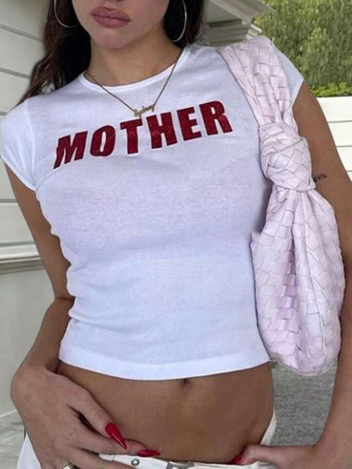 Women Y2K Baby Tees Tops Letter Graphics Short Sleeve Crewneck T Shirts Crop Tops Summer Slim Fit... | SHEIN