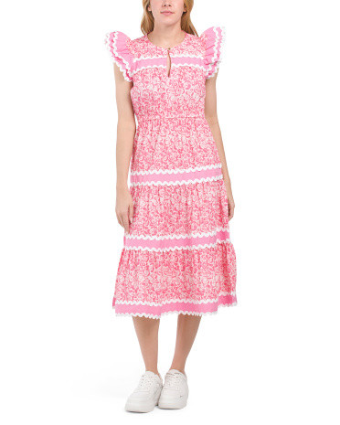 Flutter Sleeve Floral Print Midi Dress With Ric Rac Trim | TJ Maxx