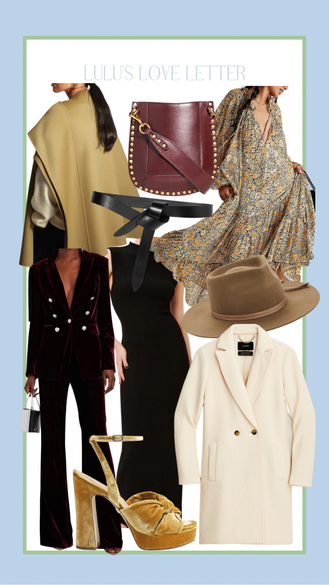 🤍Corbetta Cashmere Sweater Dress reformation $330
🤍 Jcrew New Daphne topcoat in Italian boiled wool 40% off code SHOPFALL $168
🤍Veronica Beard
Lebone Velvet Trousers Merlot 
🤍Veronica Beard
Gaya Dickey jacket Velvet Merlot 
🤍Cos camel hybrid wool cape features an elegant sewn-on scarf can drape over your shoulder $175 25% off sitewide $130
🤍Isabel Marant
Nasko New Crossbody Bag Burgundy Smooth cowhide, Gold-tone studded trim $990
🤍ISABEL MARANT
Lecce leather belt $160
🤍Sam Edelman KRISTEN PLATFORM HEEL Saffron Velvet $180 
🤍Free People Feeling Groovy floral Maxi Dress $168 (5 color ways) 
🤍Olive felt hat LACK OF COLOR
Moss Zulu Wool Fedora $109

#LTKsalealert #LTKSeasonal #LTKstyletip